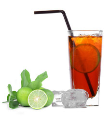 tea cocktail with lemon and ice on a white background