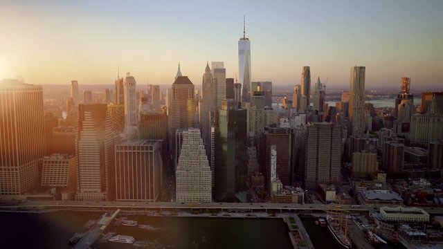 Aerial establishment shot of city skyline metropolis.  