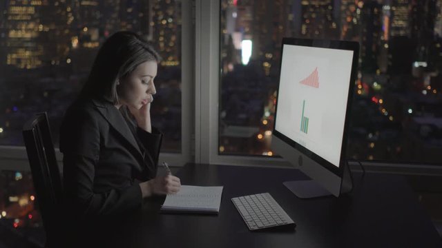businesswomen working on computer desk in office at night analyzing charts