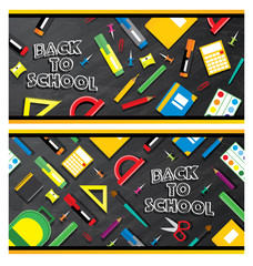 Set of back to school banners. School supplies on blackboard background