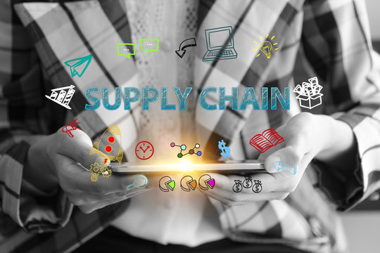 business holding a smart phone with SUPPLY CHAIN  text 