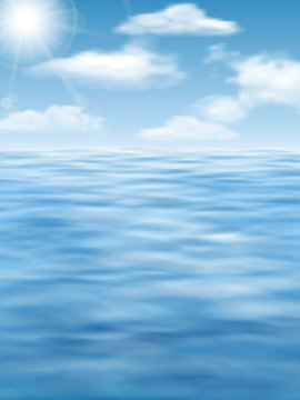 Sky with clouds, sun and water surface. Vector realistic nature background. Seascape.
