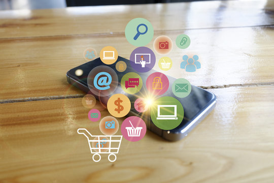 shopping cart with application software icons on mobile