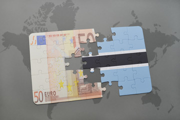 puzzle with the national flag of botswana and euro banknote on a world map background.