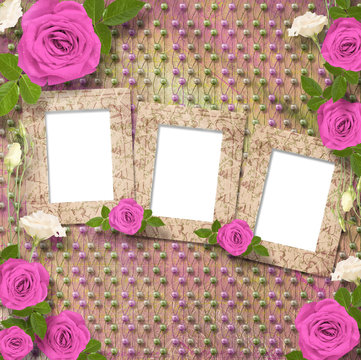 Beautiful greeting card with bouquet of pink roses, ribbons