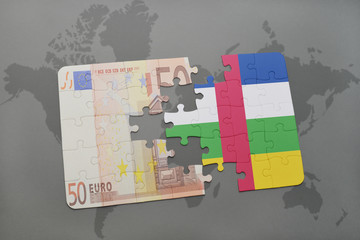 puzzle with the national flag of central african republic and euro banknote on a world map background.