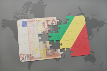 puzzle with the national flag of republic of the congo and euro banknote on a world map background.