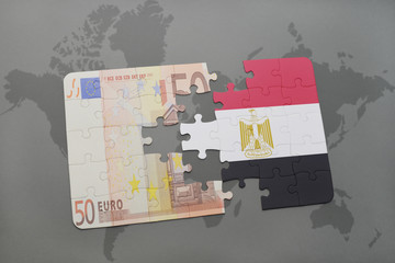 puzzle with the national flag of egypt and euro banknote on a world map background.