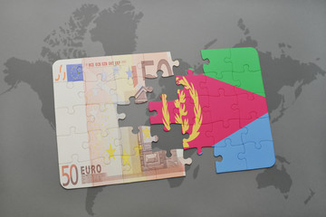 puzzle with the national flag of eritrea and euro banknote on a world map background.