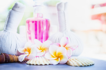 Fototapeta na wymiar Tropical Frangipani flowers with herbal compress stamps , pink lotion bottle and shells at nature background. Spa or wellness background