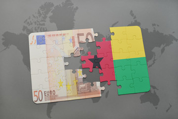 puzzle with the national flag of guinea bissau and euro banknote on a world map background.
