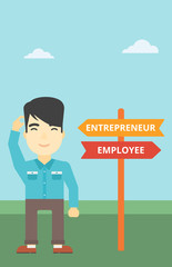 Confused man choosing career pathway.