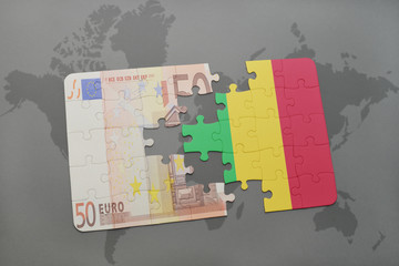 puzzle with the national flag of mali and euro banknote on a world map background.