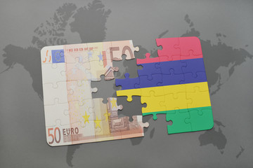 puzzle with the national flag of mauritius and euro banknote on a world map background.