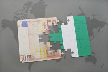 puzzle with the national flag of nigeria and euro banknote on a world map background.