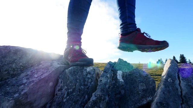 slow motion of walking feet. foot steps. hiker hiking outdoors