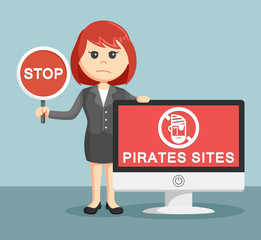 businesswoman with pirates sites monitor