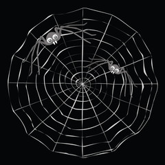 Simple cartoon spider web and grey two spiders on a black background.