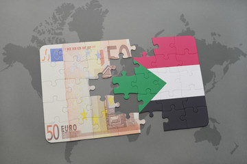 puzzle with the national flag of sudan and euro banknote on a world map background.
