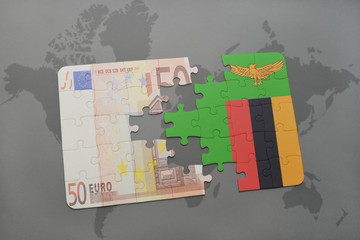 puzzle with the national flag of zambia and euro banknote on a world map background.