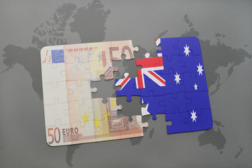 puzzle with the national flag of australia and euro banknote on a world map background.