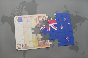 puzzle with the national flag of new zealand and euro banknote on a world map background.