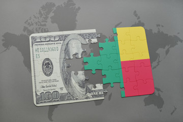 puzzle with the national flag of benin and dollar banknote on a world map background.