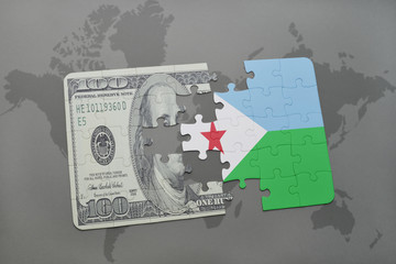 puzzle with the national flag of djibouti and dollar banknote on a world map background.
