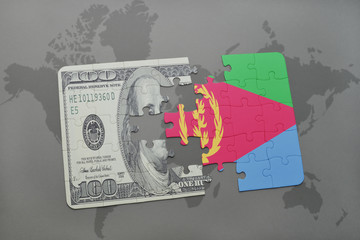 puzzle with the national flag of eritrea and dollar banknote on a world map background.