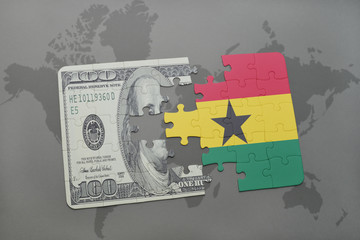 puzzle with the national flag of ghana and dollar banknote on a world map background.