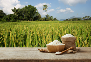Fototapeta na wymiar Jasmine rice in bowl and sack on wooden table with the rice fiel