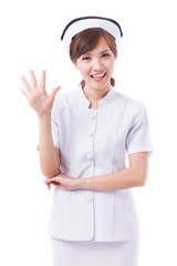 happy asian nurse pointing up 5 fingers