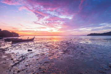 Purple Sunrise view with boats and Penang Bridge from Hammer Bay, George Town Penang, Malaysia