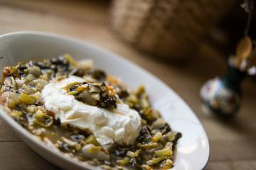 Purslane food with yoghurt / Turkish Traditional yogurtlu semizo
