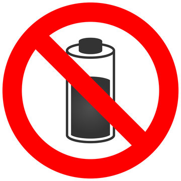 Forbidden sign with battery icon isolated on white background. Battery is prohibited vector illustration. Using battery is not allowed image. Batteries are banned.