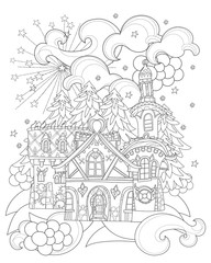 Fototapeta premium Vector cute christmas fairy tale town doodle.