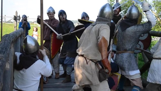 Peresopnitsa village, Ukraine. Festival of historical reconstruction "Peresopnitsa" Kievan Rus period end XI - the middle of the XIII century. 1-3 July 2016: - Battle of two warriors squads. HD 1080