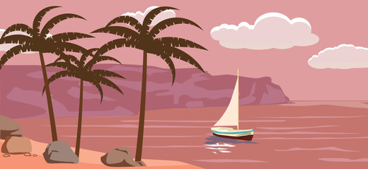 Seascape, sailboat, palm trees, vector illustration