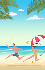 Fototapeta na wymiar Couple on beach vacation. Vector Illustration of summer time wallpaper or fun summer party, and travel for poster, web design, event.