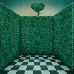  Background for illustration or poster with green walls and tree heart © annamei