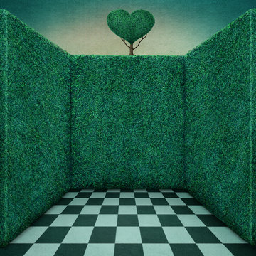 Background for illustration or poster with green walls and tree heart