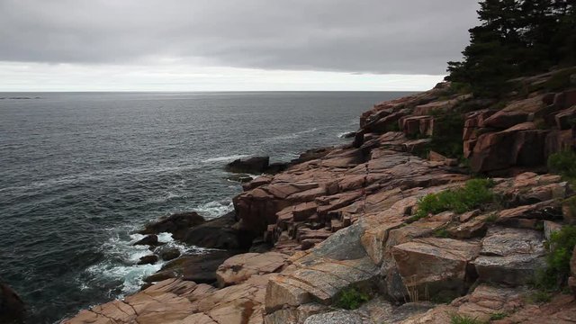 View of the rocky cliff shore line at Acadia National Park. Maine, New England, USA