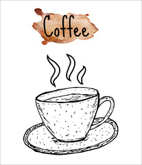 Coffee cup sketch. The inscription of coffee on watercolor background. Vector illustration