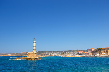 View of the old port and Lighthouse in Chania, Crete, Greece