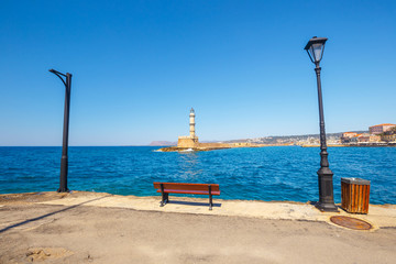 View of the old port and Lighthouse in Chania, Crete, Greece