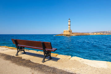 View of the old port and Lighthouse in Chania, Crete, Greece