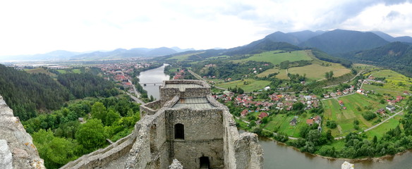 River Vah near Strecno, Slovakia - View from Ruins of Medieval Castle Strecno Built in the First Half of 14th Century on One Hundred Meters High Hill above River Vah