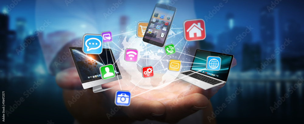 Poster tech devices and icons connected to digital planet earth