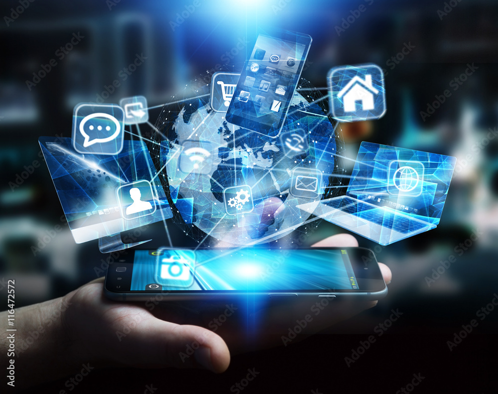 Poster Tech devices and icons connected to digital planet earth