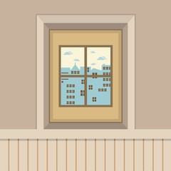 Buildings View Through The Window Vector Illustration.